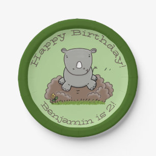 Cute baby rhino personalized cartoon birthday paper plate