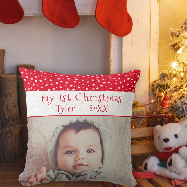 Cute Baby`s 1`st Christmas Red Stars Photo Baby  Throw Pillow (Creator Uploaded)