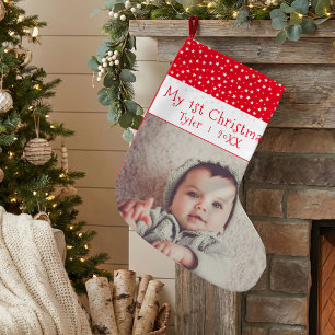 Cute Baby`s 1`st Christmas Red Stars Photo Small Christmas Stocking