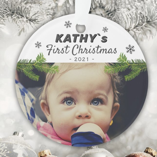 Cute Baby`s First Christmas Snowflake Pine Photo Ornament (Creator Uploaded)
