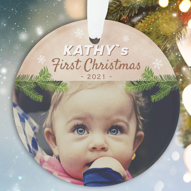 Cute Baby`s First Christmas Snowflake Pine Photo Ornament (Creator Uploaded)