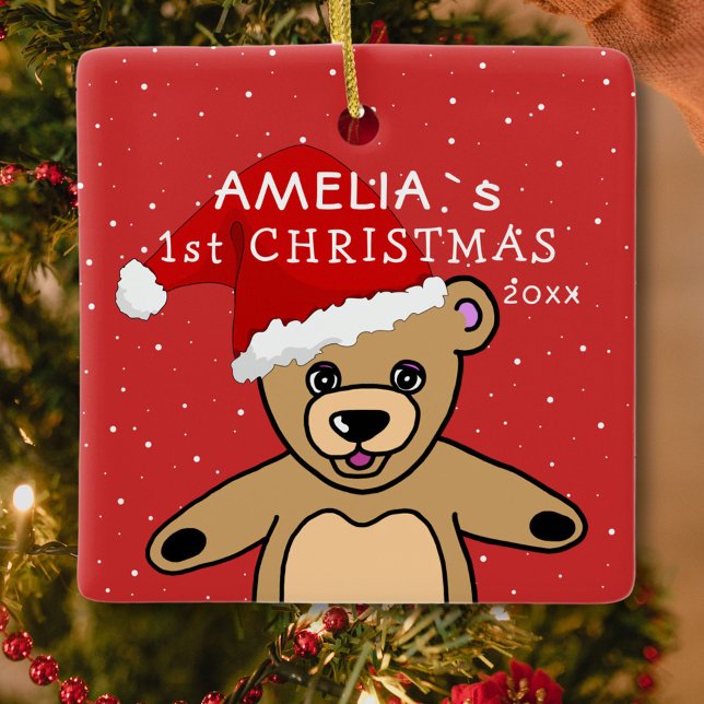 Cute Baby`s First Christmas Teddy Bear Santa Hat Ceramic Ornament (Creator Uploaded)