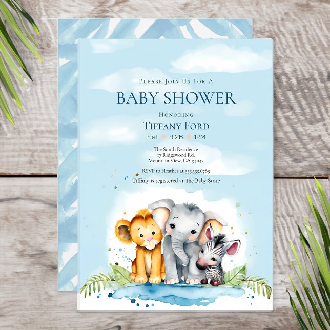 Cute Baby Safari Animal Elephant Lion Zebra Shower Invitation (Creator Uploaded)