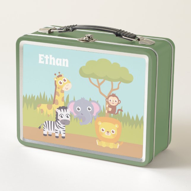 Cute Baby Safari Animals Kids Personalized Metal Lunch Box (Front)