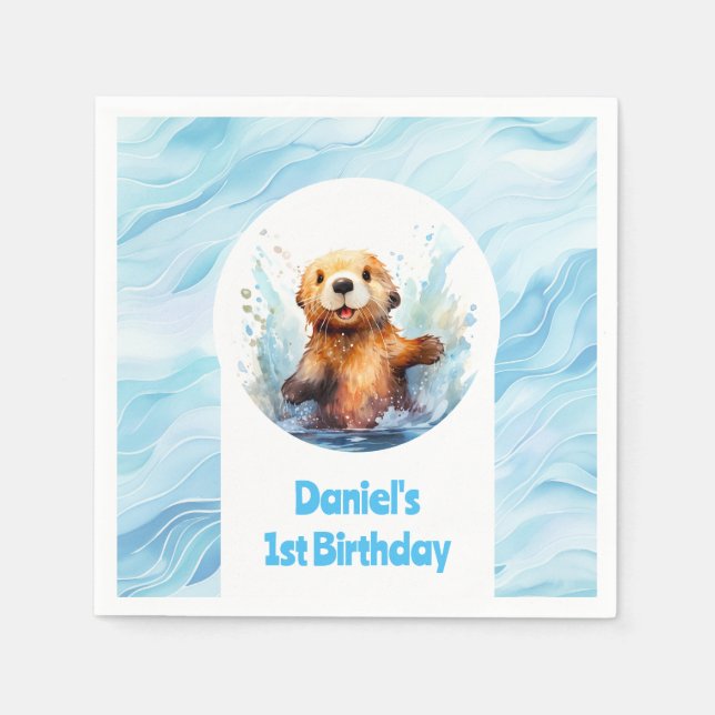 Cute Baby Sea Otter in Water Splashes Personalized Napkin (Front)