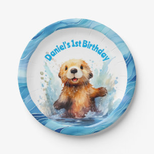 Cute Baby Sea Otter in Water Splashes Personalized Paper Plate