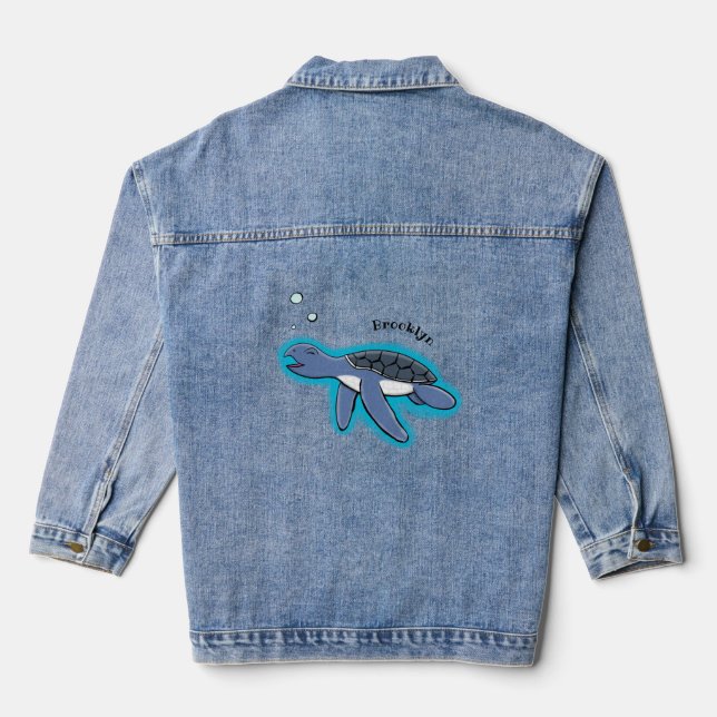 Cute baby sea turtle cartoon illustration denim jacket (Back)