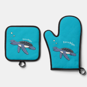 Cute baby sea turtle cartoon illustration oven mitt & pot holder set