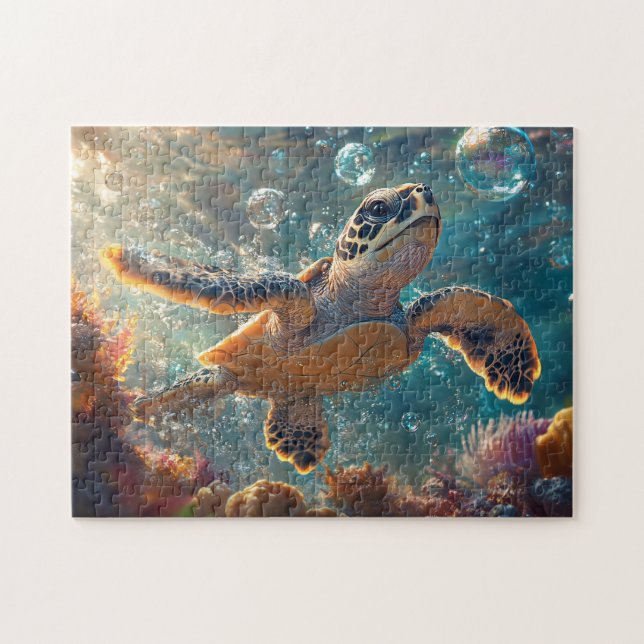 Cute Baby Sea Turtle with Bubbles Jigsaw Puzzle (Horizontal)