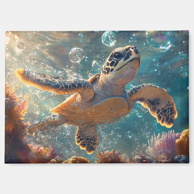 Cute Baby Sea Turtle with Bubbles Magnet (Front)