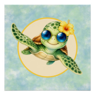 Cute Baby Sea Turtles with Tropical Flowers Poster