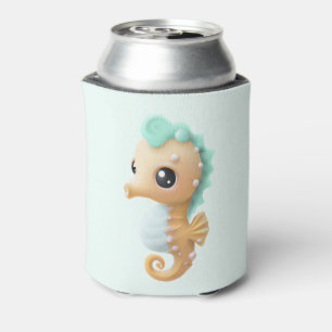 Cute baby seahorse in Teal and White Can Cooler