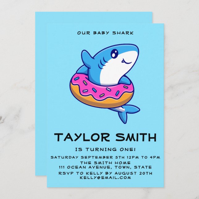 Cute Baby Shark With Doughnut Birthday Party Invit Invitation (Front/Back)