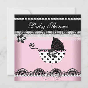 Cute Baby Shower Baby Girl Pink Black Pearl Invitation