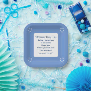Cute Baby Shower Bible Verse Striped Blue Party Paper Plate