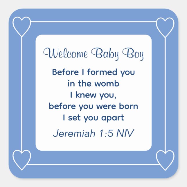 Cute Baby Shower Bible Verse Striped Blue Party Square Sticker (Front)