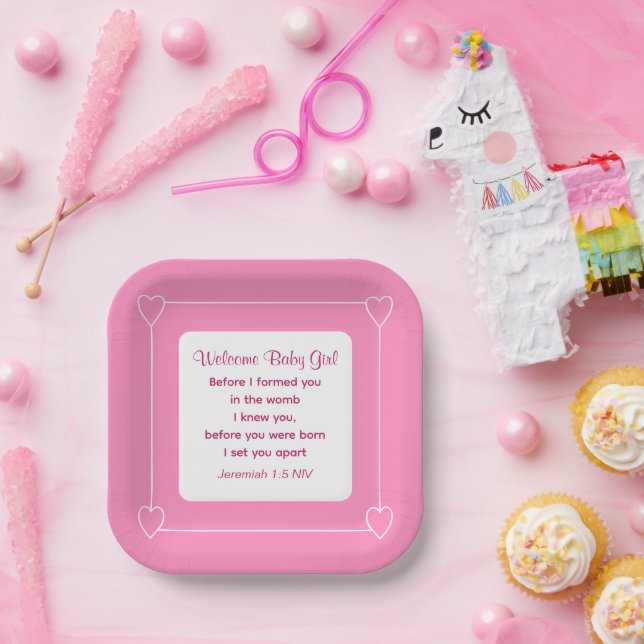 Cute Baby Shower Bible Verse Striped Pink Party Paper Plate (Party)