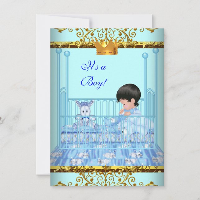 Cute Baby Shower Blue Gold Boy Prince Crown 4 Invitation (Front)