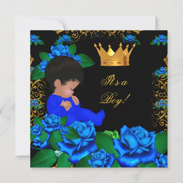 Cute Baby Shower Blue Gold Boy Prince Crown 8 Invitation (Front)