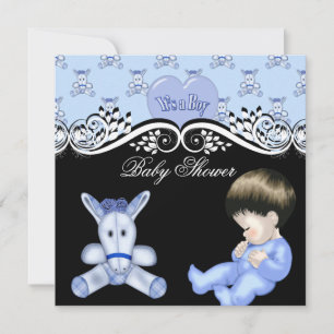 Cute Baby Shower Boy Baby Blue Black White Invitation