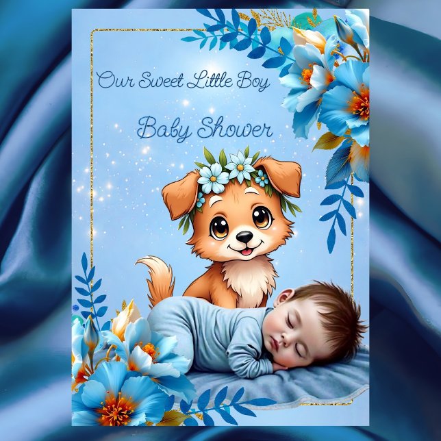 Cute Baby Shower Boy Blue Little Puppy Dog Invitation (Creator Uploaded)