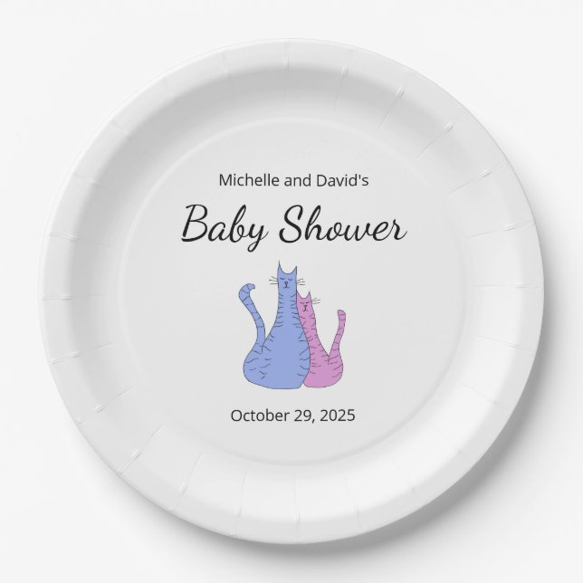 Cute Baby Shower Cat Twins Blue Pink Paper Plate (Front)