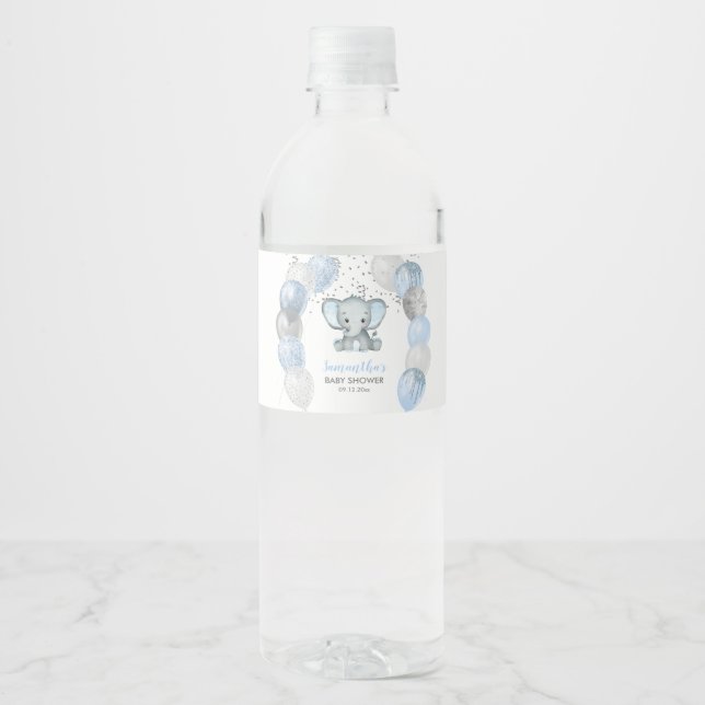 Cute Baby Shower Elephant Boy Balloons Water Bottle Label (Front)