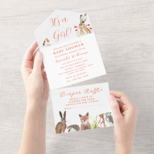 Cute Baby Shower Fox Hare It's a Girl Floral  All In One Invitation