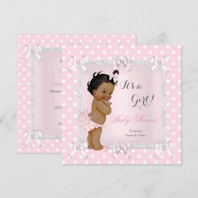 Cute Baby Shower Girl Pink Grey Ethnic Invitation (Front/Back)