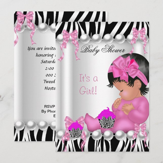 Cute Baby Shower Girl Pink Zebra cupcake Invitation (Front/Back)