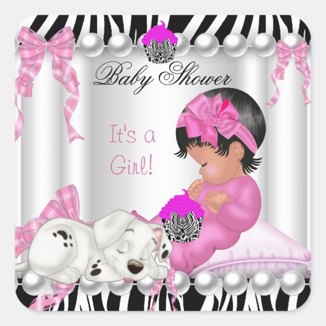 Cute Baby Shower Girl Pink Zebra cupcake Square Sticker (Front)