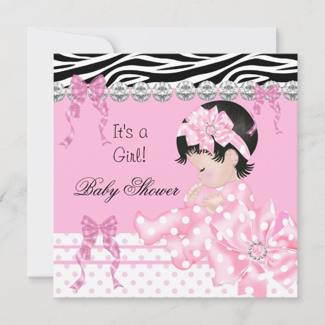 Cute Baby Shower Girl Pink Zebra Polka dots 5 Invitation (Front)