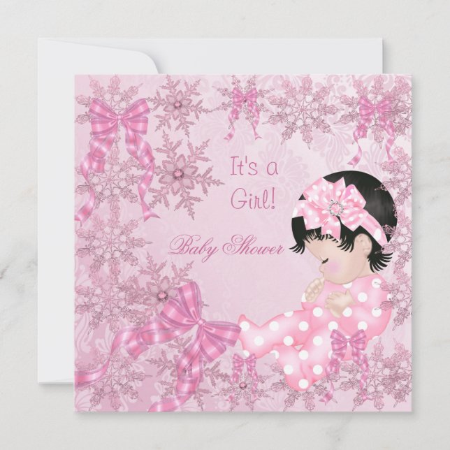 Cute Baby Shower Girl Pretty Pink Snowflakes Roses Invitation (Front)