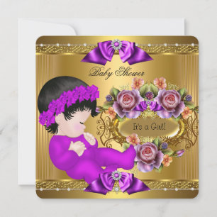 Cute Baby Shower Girl Purple Pink Gold Roses Invitation