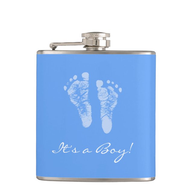 Cute Baby Shower Its a Boy Blue Baby Footprints Hip Flask (Front)