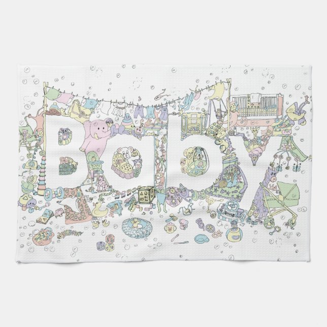 Cute Baby shower pastel pink elephant detailed art Kitchen Towel (Horizontal)