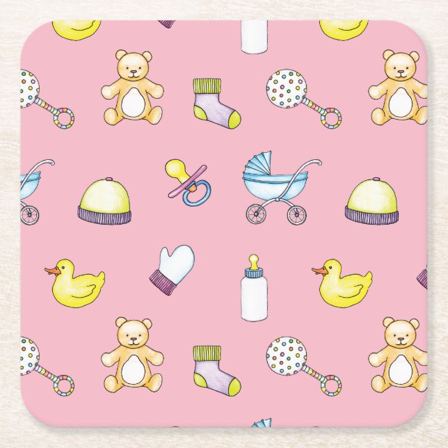 Cute baby shower pattern square paper coaster (Front)