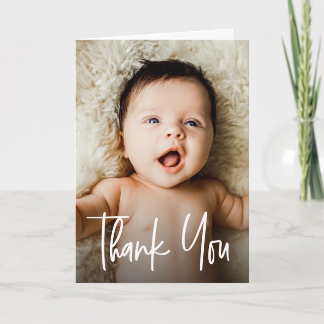 CUTE Baby Shower Photo Modern Handlettering  Thank You Card (Front)