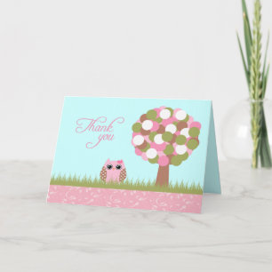 Cute baby shower pink owl tree thank you card