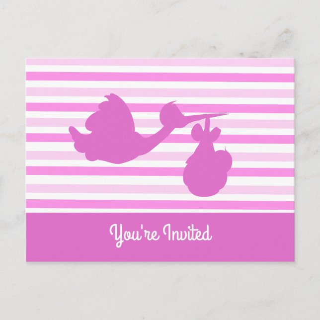 Cute Baby Shower Pink Striped Girl with Stork Invitation Postcard (Front)