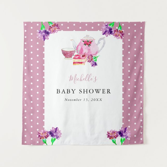 Cute Baby Shower Tea Party Pink Background Tapestry (Front)