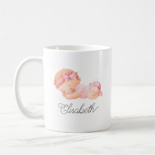 Cute Baby Sleeping Girl Pink Personalized Name Coffee Mug