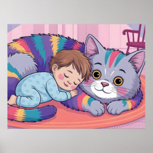 Cute Baby Sleeping on a Giant Rainbow Fluffy Cat Poster