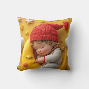 Cute Baby Sleeping on Moon Nursery Throw Pillow