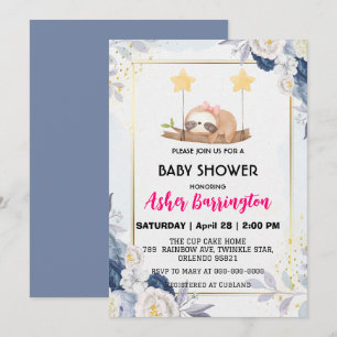 Cute Baby sloth asleep Timber flower baby shower Invitation