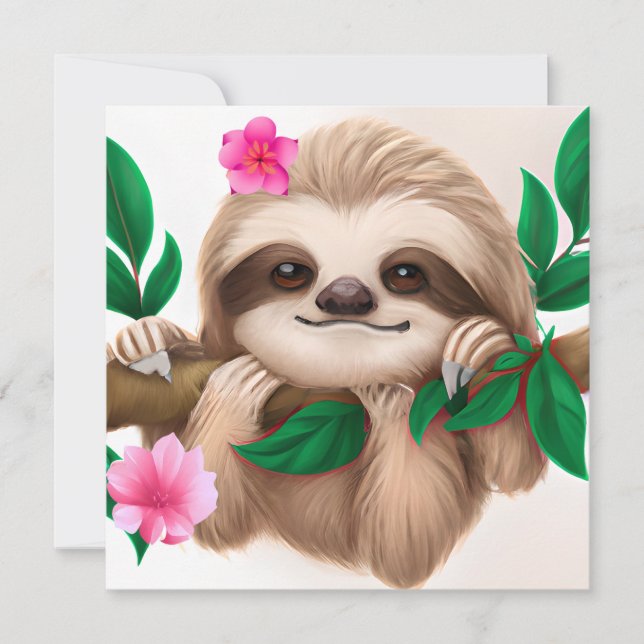 Cute Baby Sloth Hanging in a Tree  Invitation (Front)