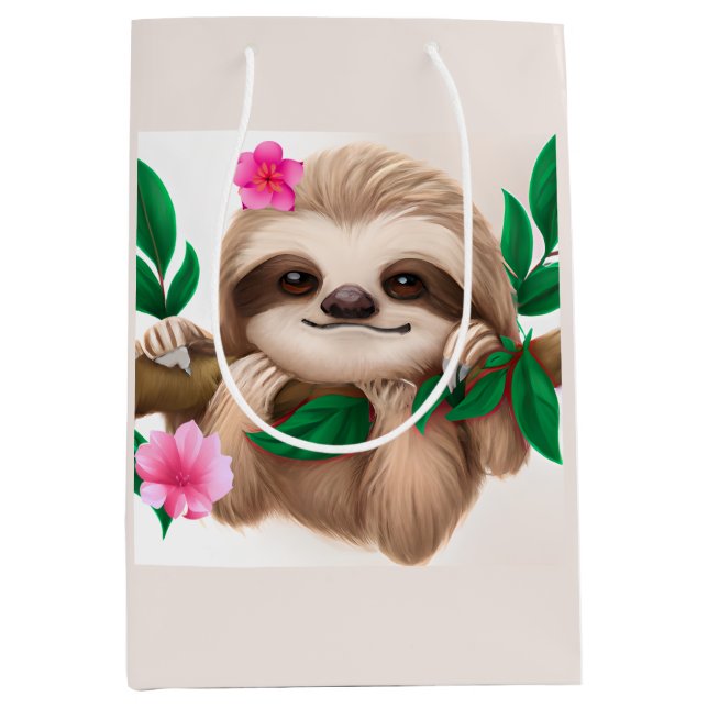 Cute Baby Sloth Hanging in a Tree Medium Gift Bag (Front)