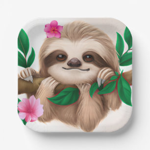 Cute Baby Sloth Hanging in a Tree Paper Plate