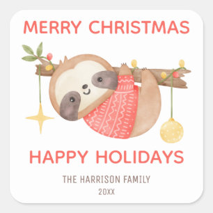 Cute Baby Sloth Happy Holidays Christmas Square Sticker
