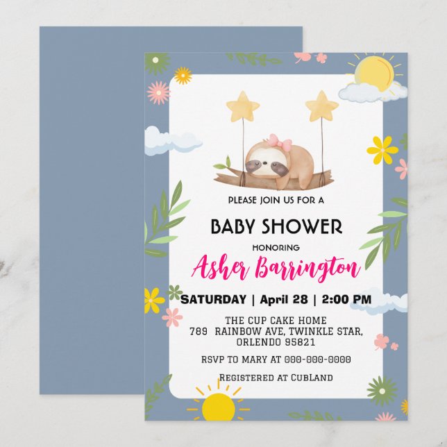 Cute Baby sloth rainbow sky flower baby shower Invitation (Front/Back)